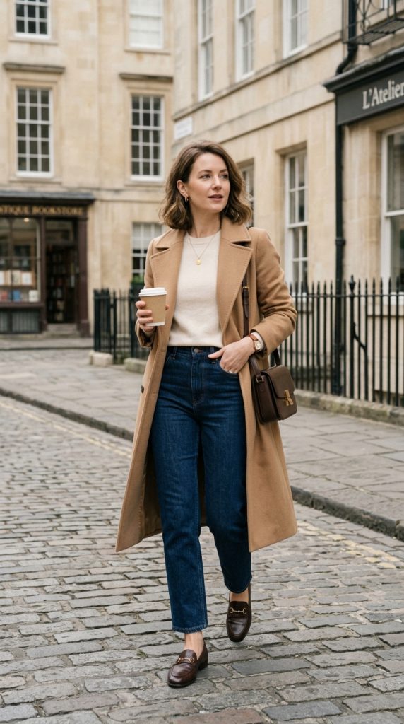 Camel Coat and Straight Jeans