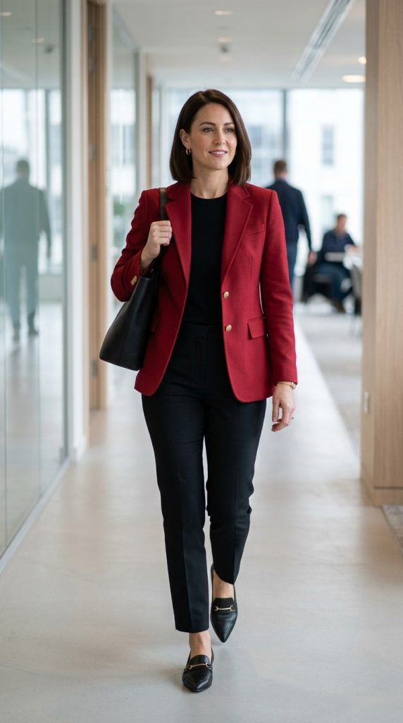 Cherry Blazer and Black Trousers