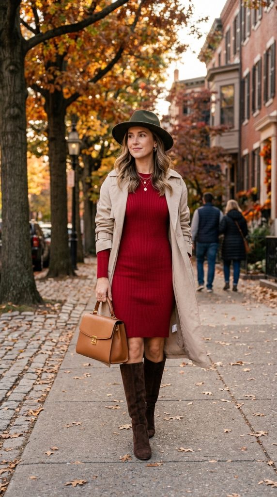  Cherry Knit Dress and Tall Boots