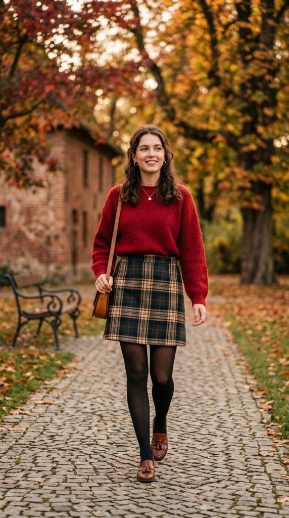 Cherry Knit Top and Plaid Skirt