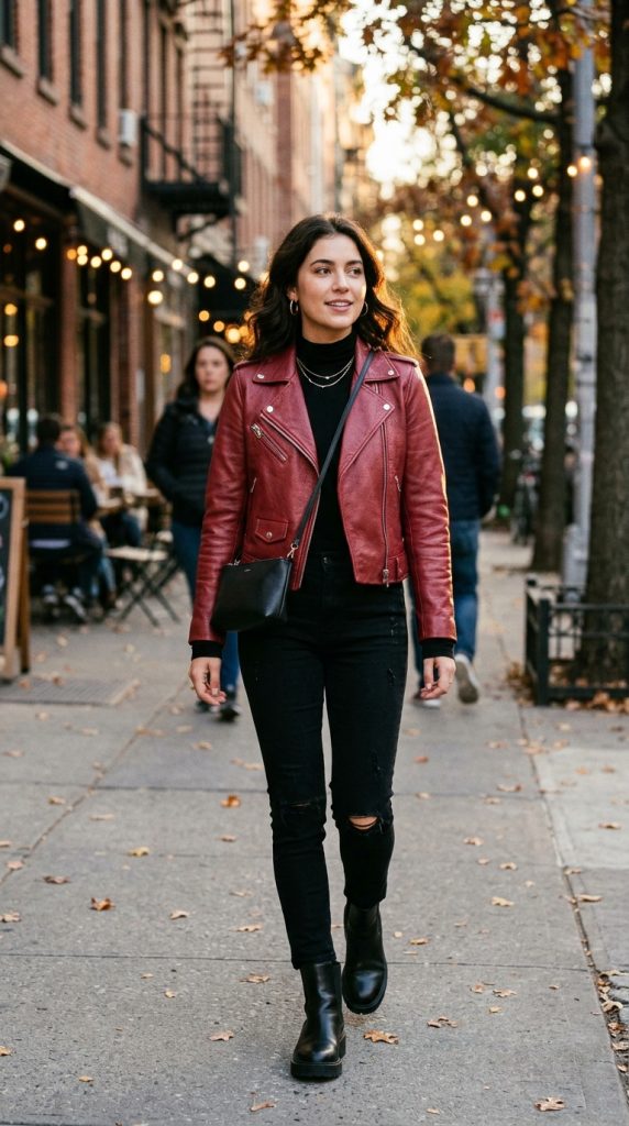 Cherry Leather Jacket and Black Jeans