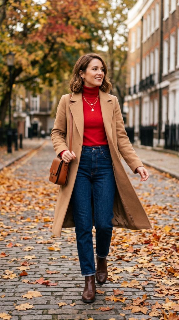 Cherry Turtleneck and Camel Coat