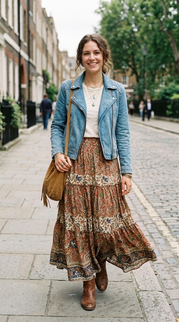 Denim Moto Jacket and Maxi Skirt