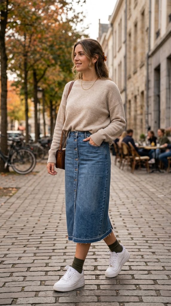 Denim Skirt and Lightweight Sweater