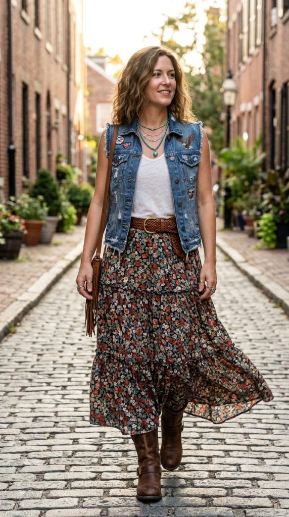 Denim Vest and Floral Maxi Skirt