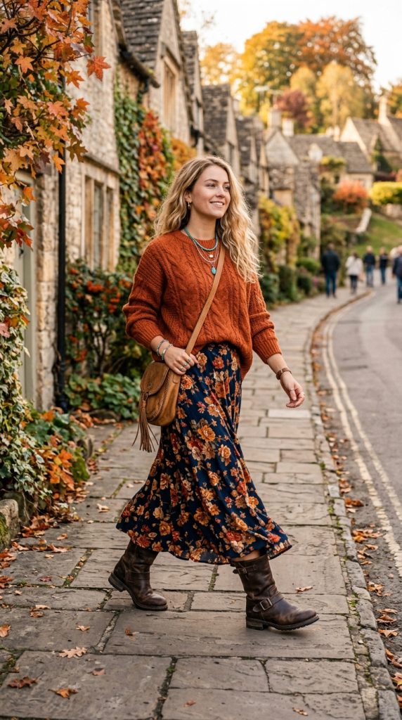 Floral Maxi Skirt and Knit Sweater