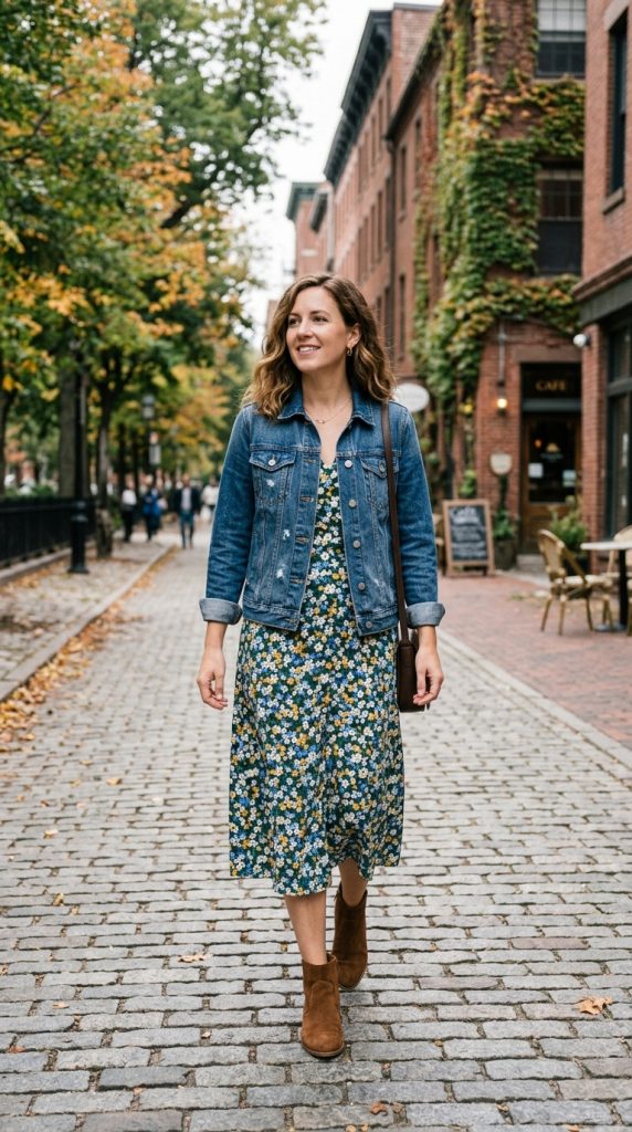 Floral Midi Dress and Denim Jacket