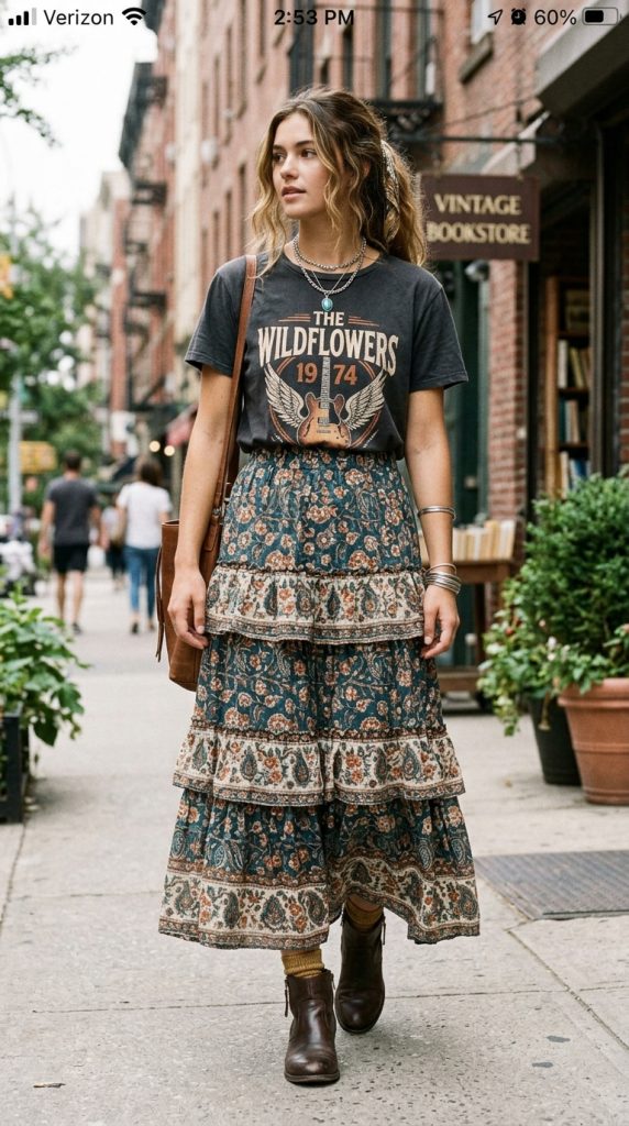Graphic Tee and Tiered Maxi Skirt