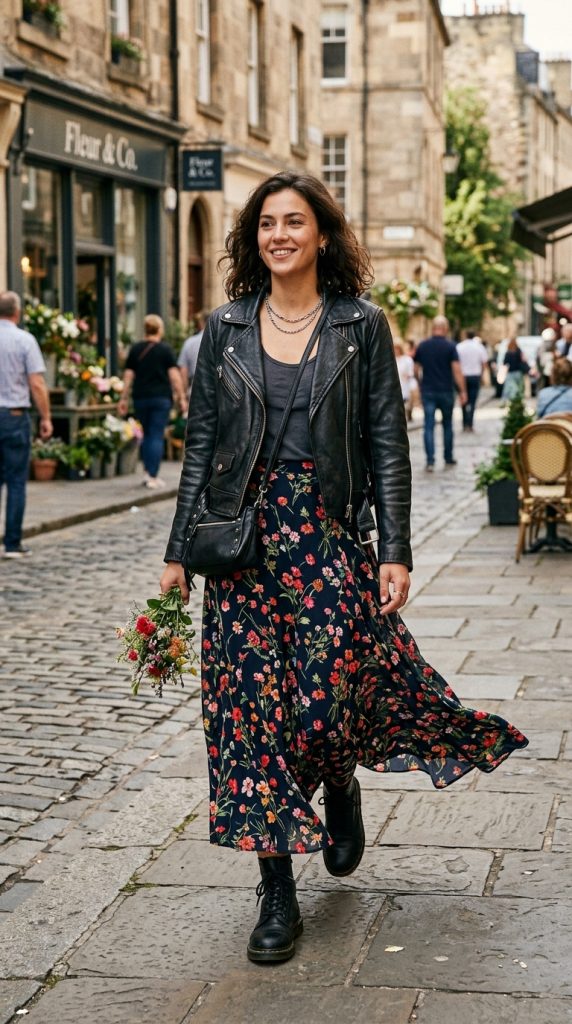 Leather Jacket and Floral Maxi Skirt
