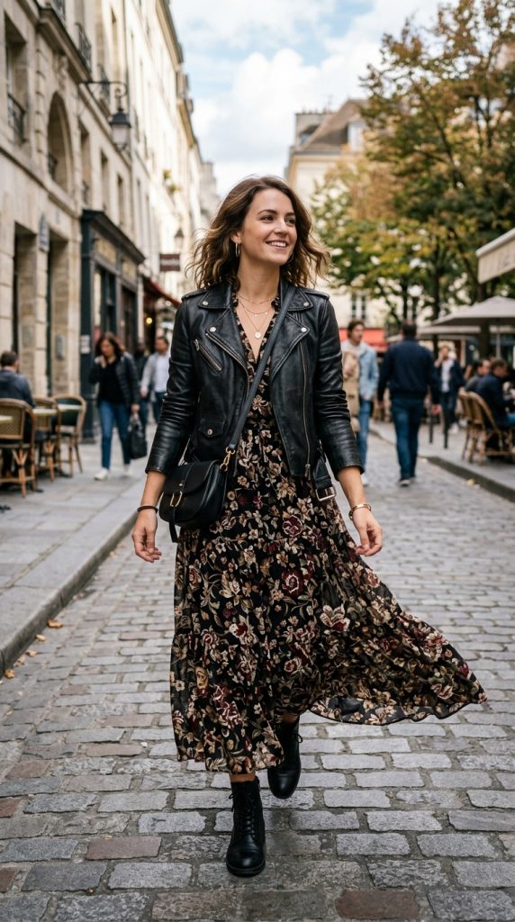 Leather Jacket and Maxi Dress
