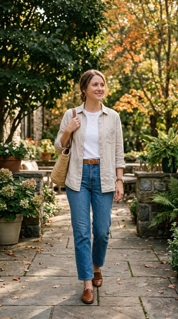 Linen Shirt and Straight-Leg Jeans