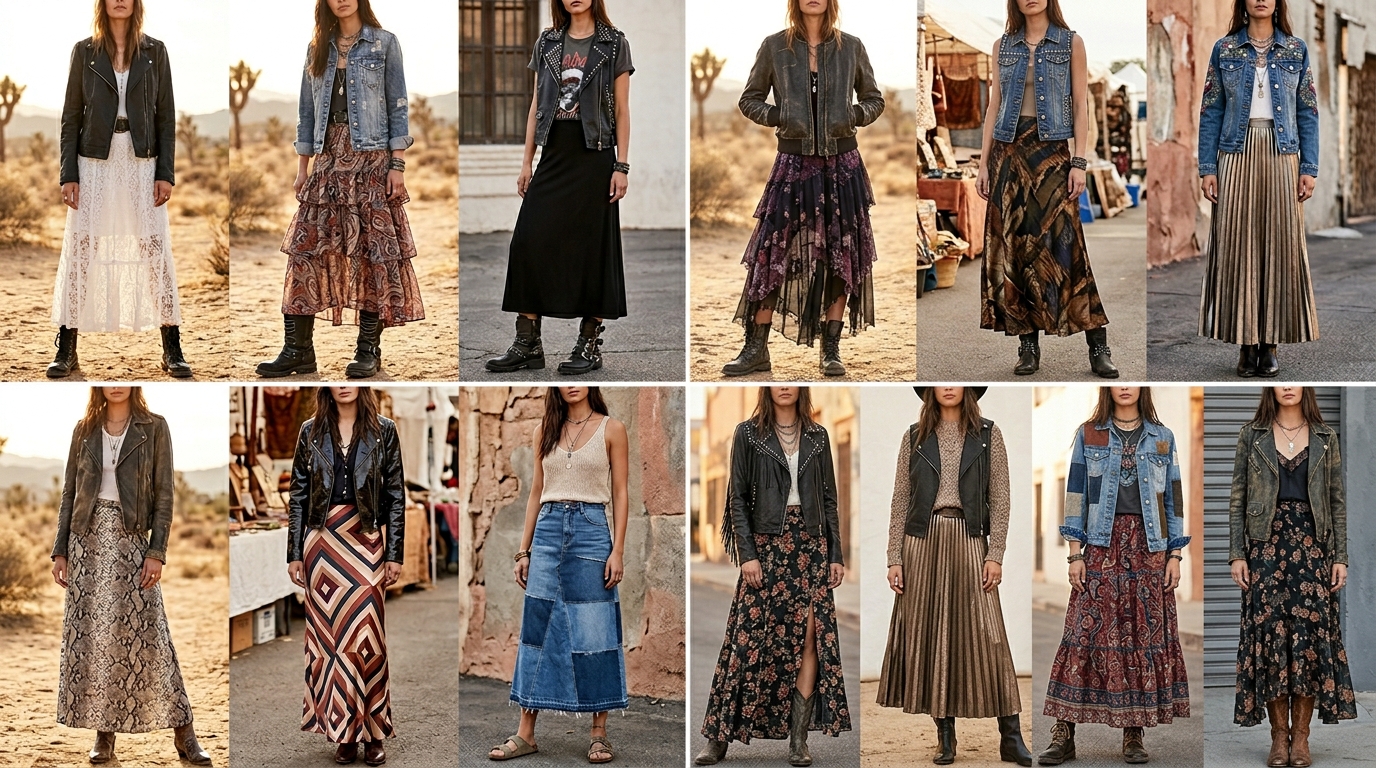 Moto Boho Outfit Ideas With Maxi Skirts