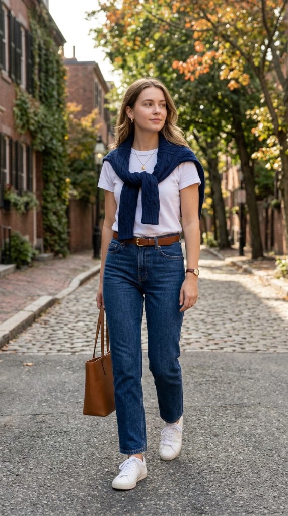 Navy Sweater Draped Over Shoulders