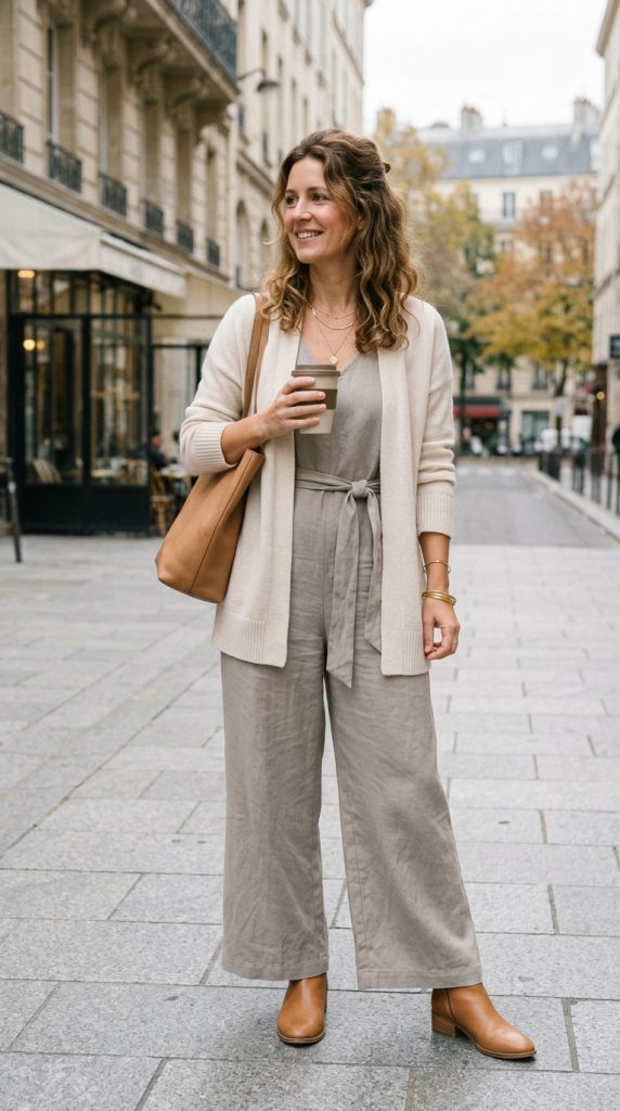 Neutral Jumpsuit and Cardigan