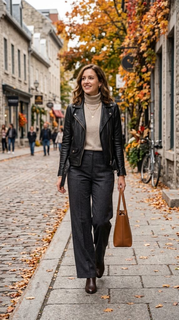 Neutral Turtleneck and Leather Jacket