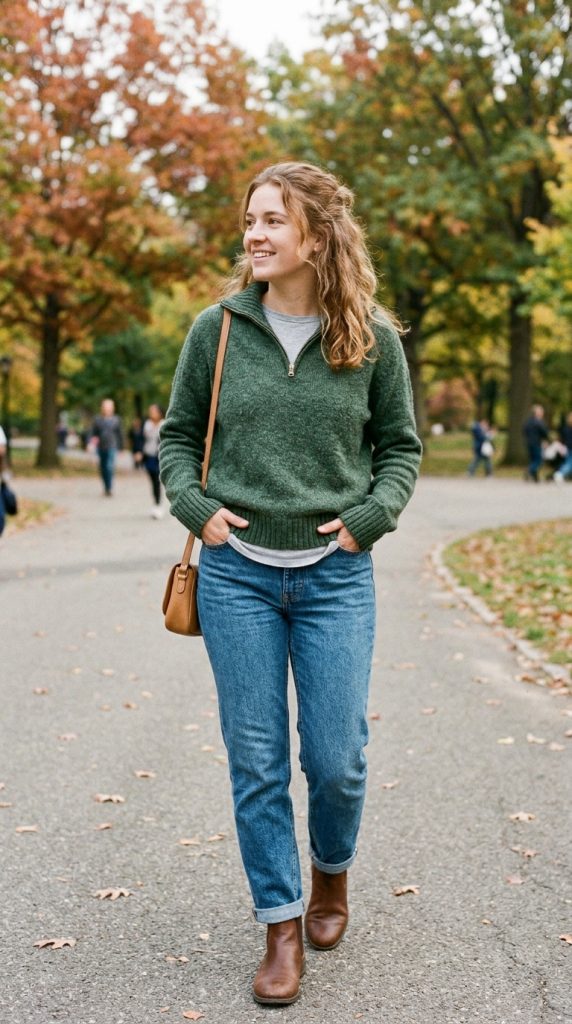 Quarter-Zip Pullover and Jeans