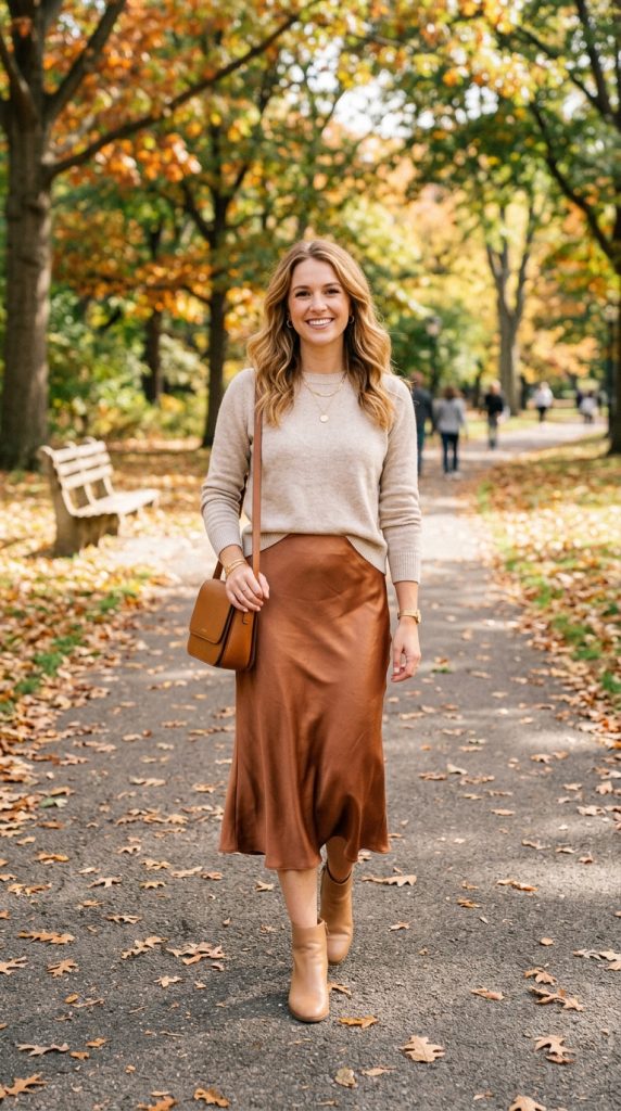Satin Midi Skirt and Lightweight Knit
