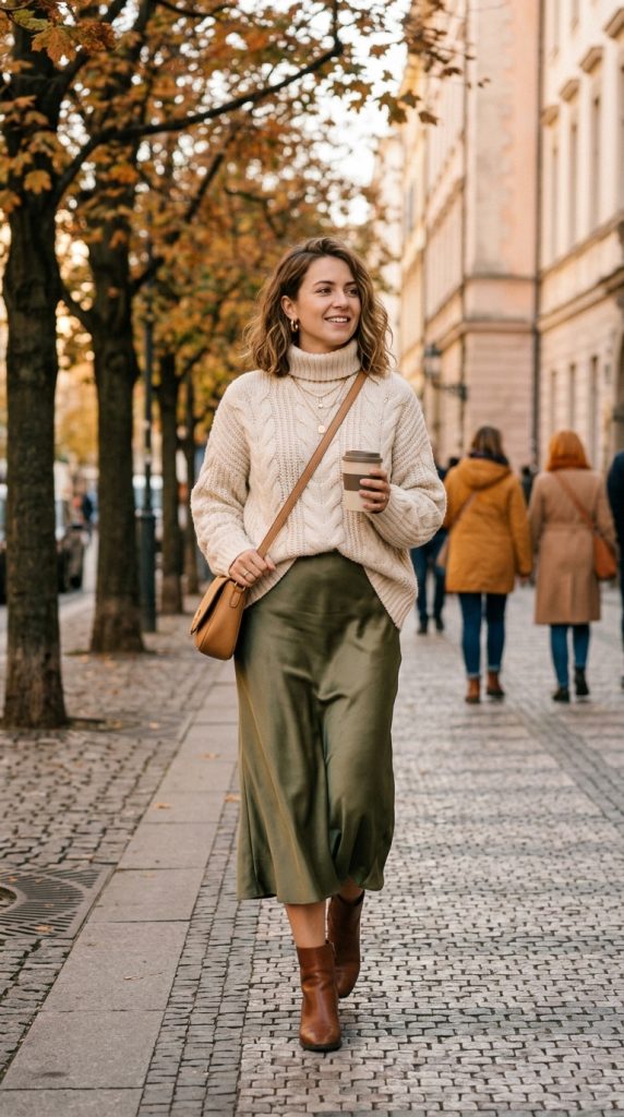 Satin Skirt and Chunky Knit Sweater