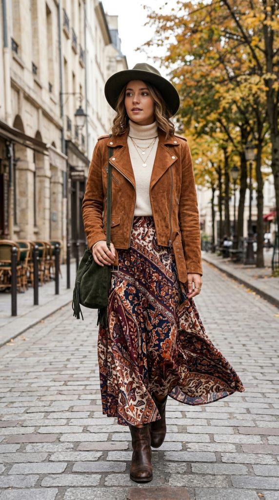 Suede Moto Jacket and Boho Skirt