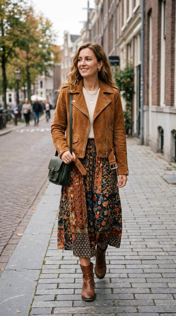Suede Moto Jacket and Printed Skirt