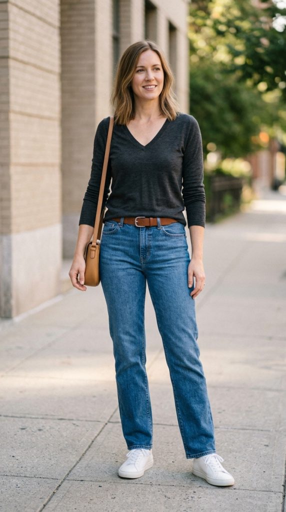 V-Neck Top with Straight-Leg Jeans