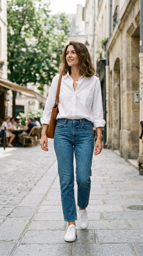 White Button-Down and Straight-Leg Jeans