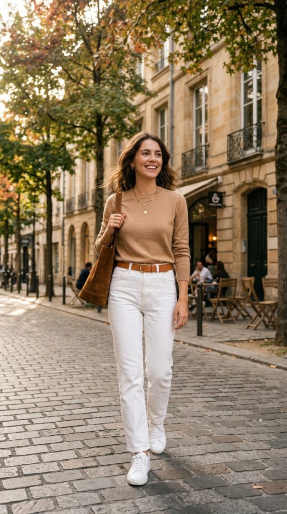 White Jeans and Camel Sweater