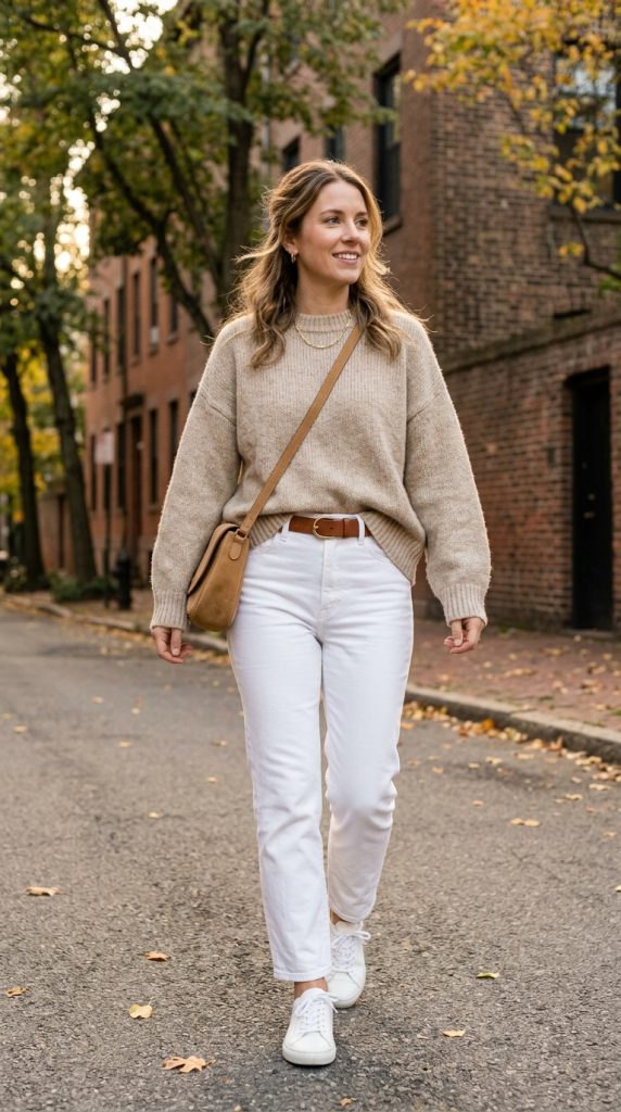 White Jeans and Lightweight Sweater