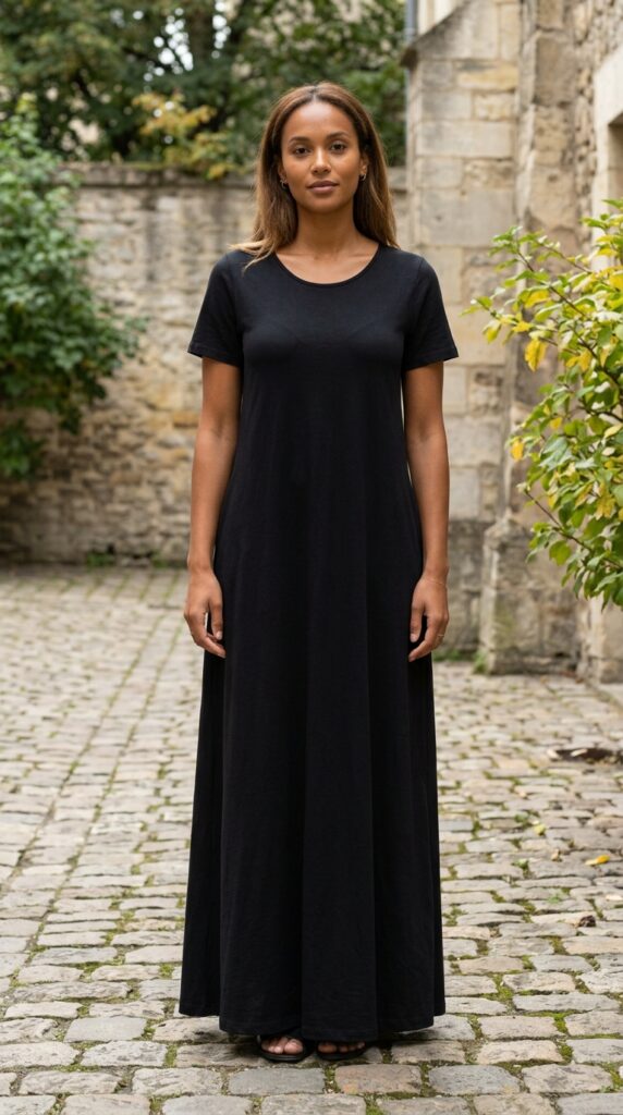 Black Maxi Dress with Denim Jacket