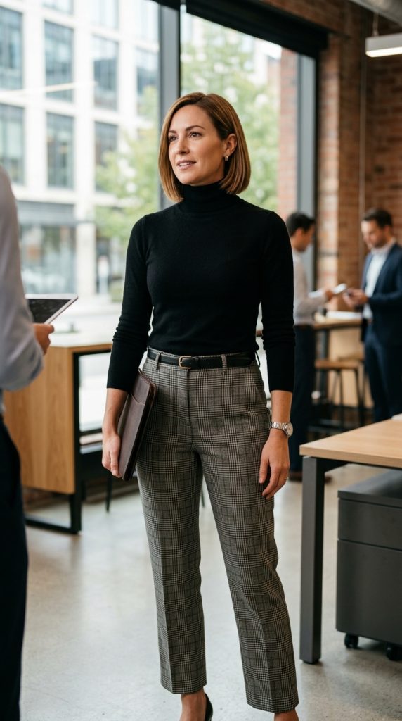 Black Turtleneck and Plaid Trousers