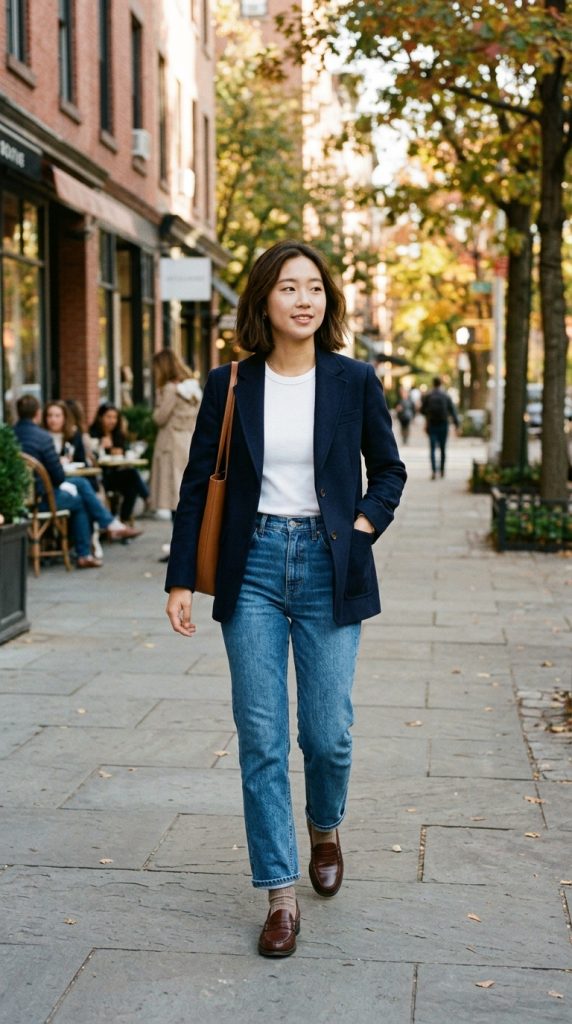 Blazer, White Tee, and Straight-Leg Jeans