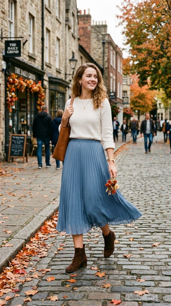 Blue Midi Skirt and Knit Sweater