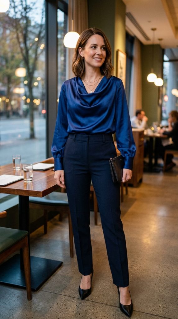 Blue Satin Blouse and Tailored Pants