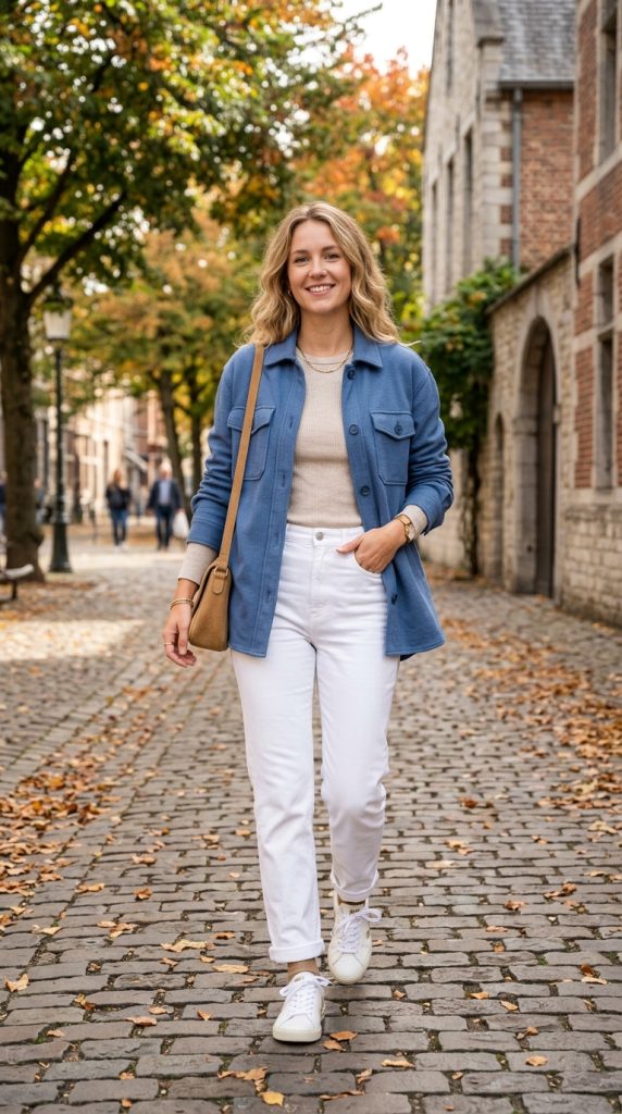 Blue Shacket and White Jeans
