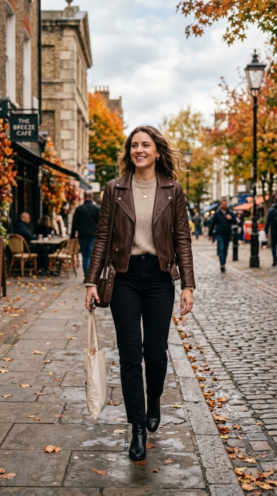 Brown Leather Jacket with Black Jeans