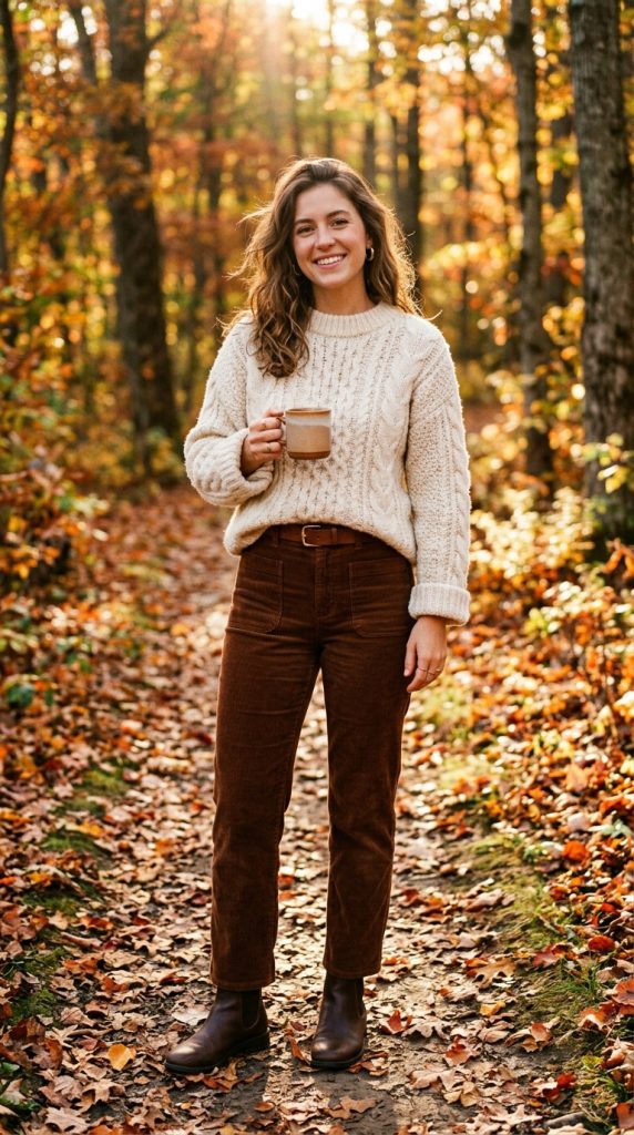 Cream Sweater with Brown Corduroy Pants