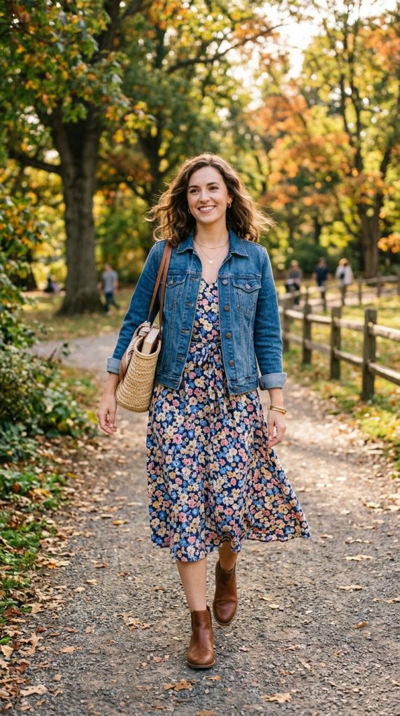 Denim Jacket over a Floral Dress
