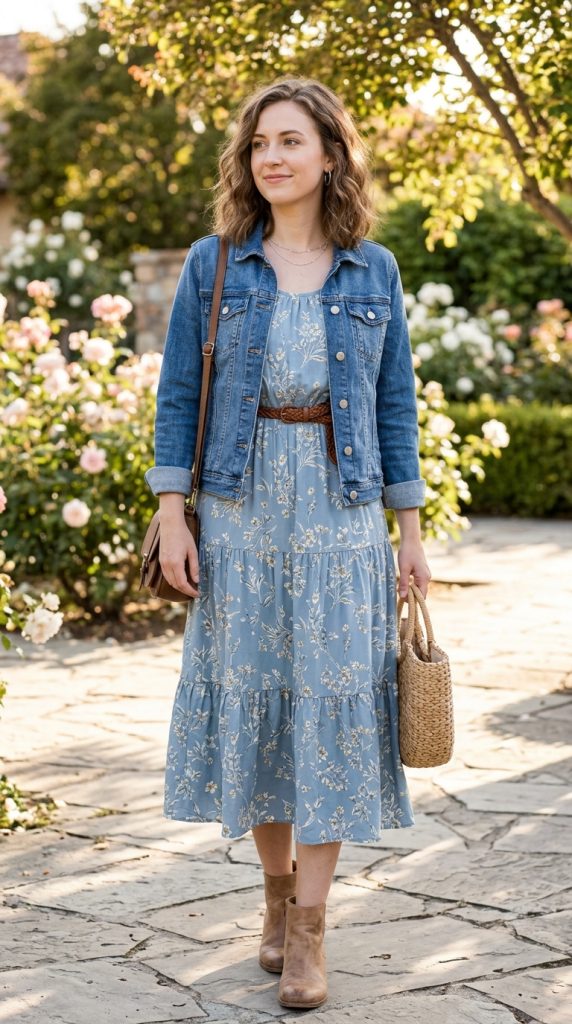 Denim Jacket over a Floral Midi Dress