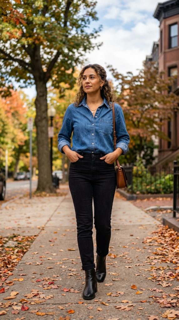 Denim Shirt and Black Jeans