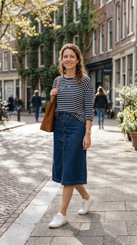 Denim Skirt with Striped Top