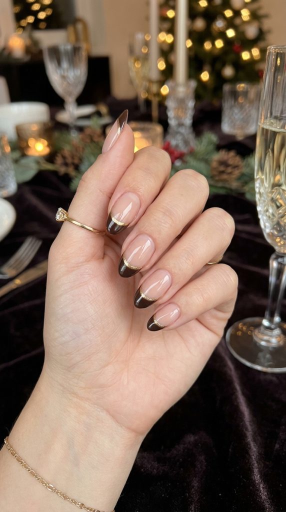 Espresso Brown French Tips with Gold Accent