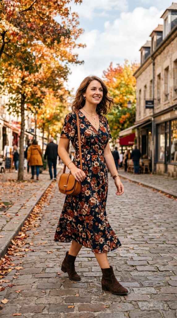 Floral Midi Dress with Ankle Boots