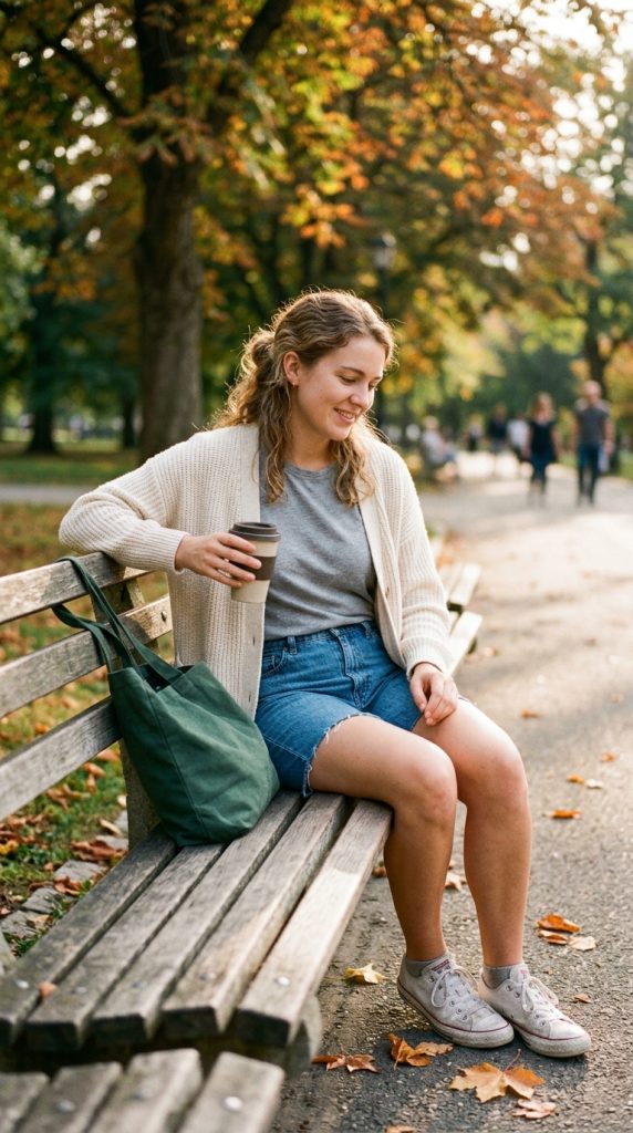 Knit Cardigan with Denim Shorts