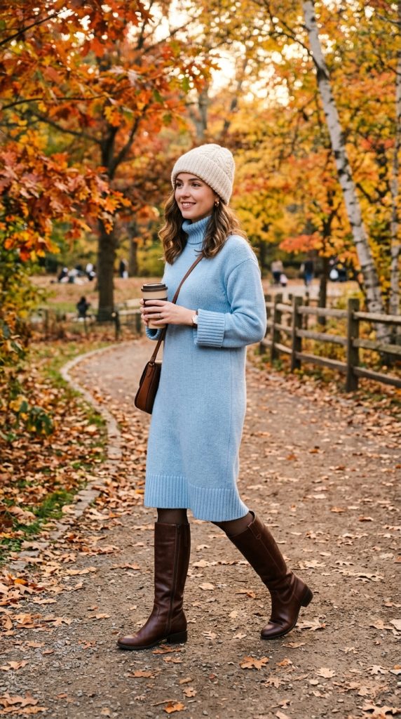 Light Blue Knit Dress With Knee-High Boots