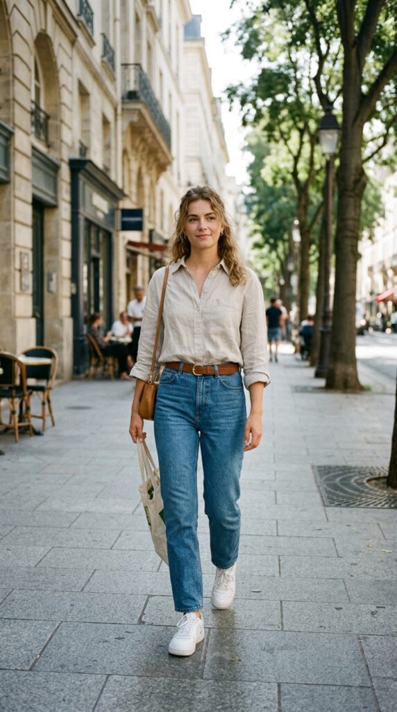 Linen Button-Down Shirt with Denim