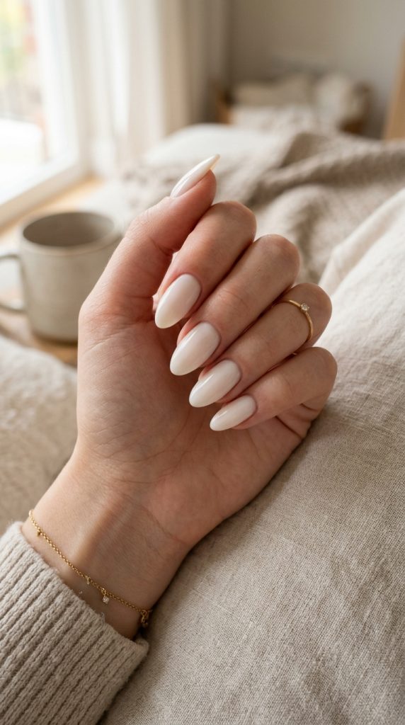 Milky White Almond Nails