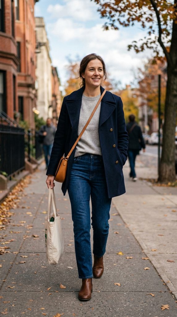 Navy Coat Over Neutral Basics