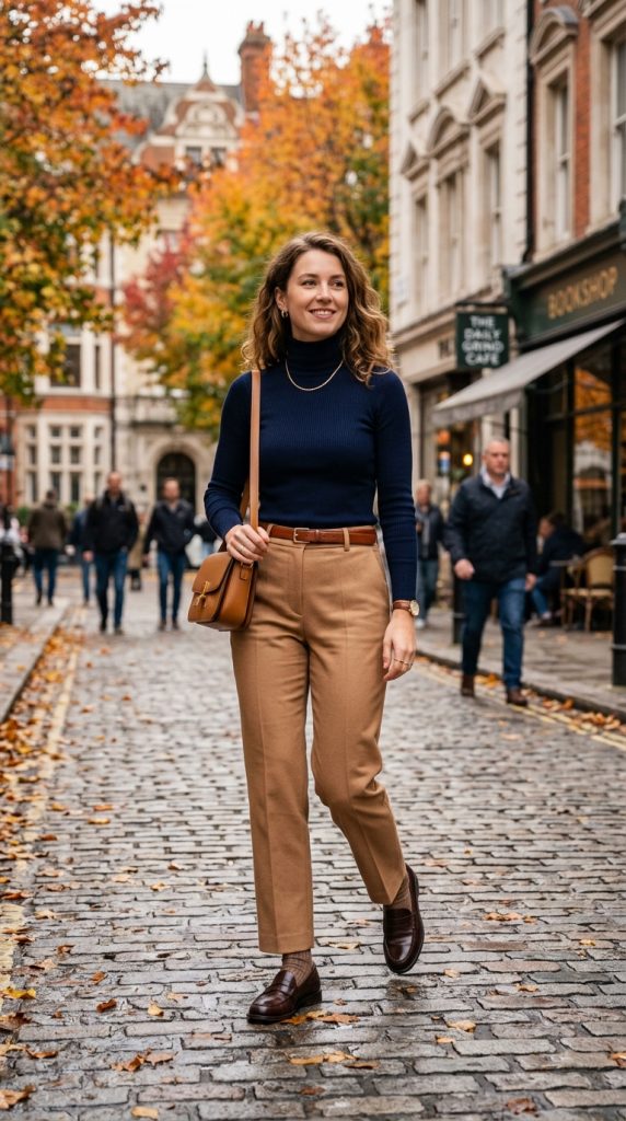 Navy Turtleneck and Camel Pants