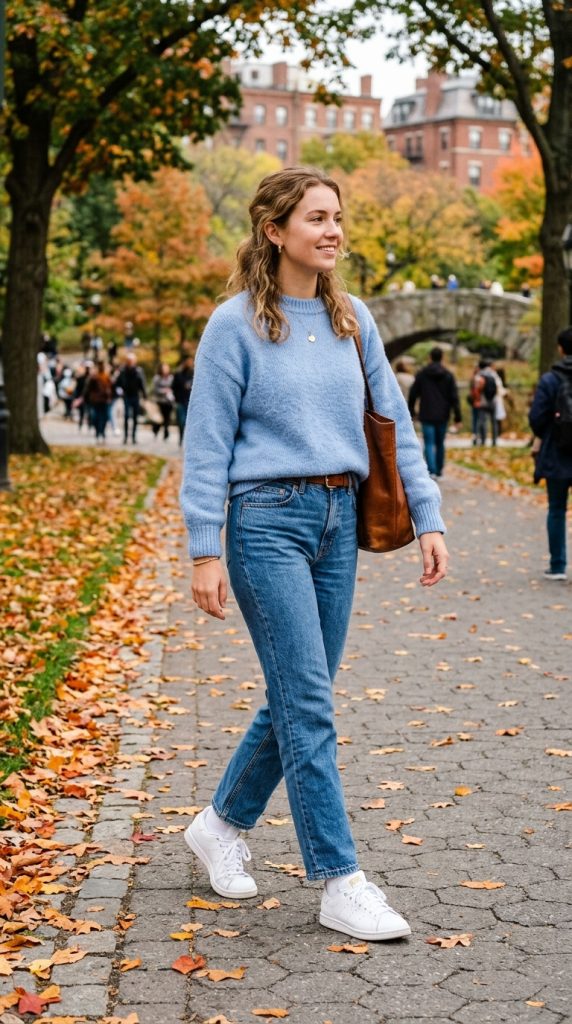 Powder Blue Sweater and Straight-Leg Jeans