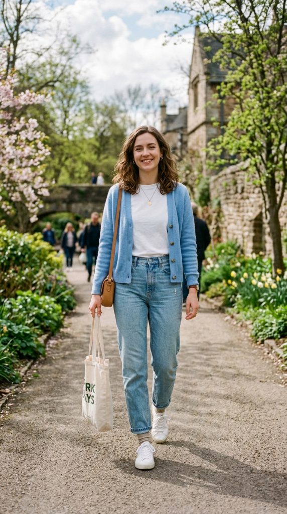 Sky Blue Cardigan Over a White Tee